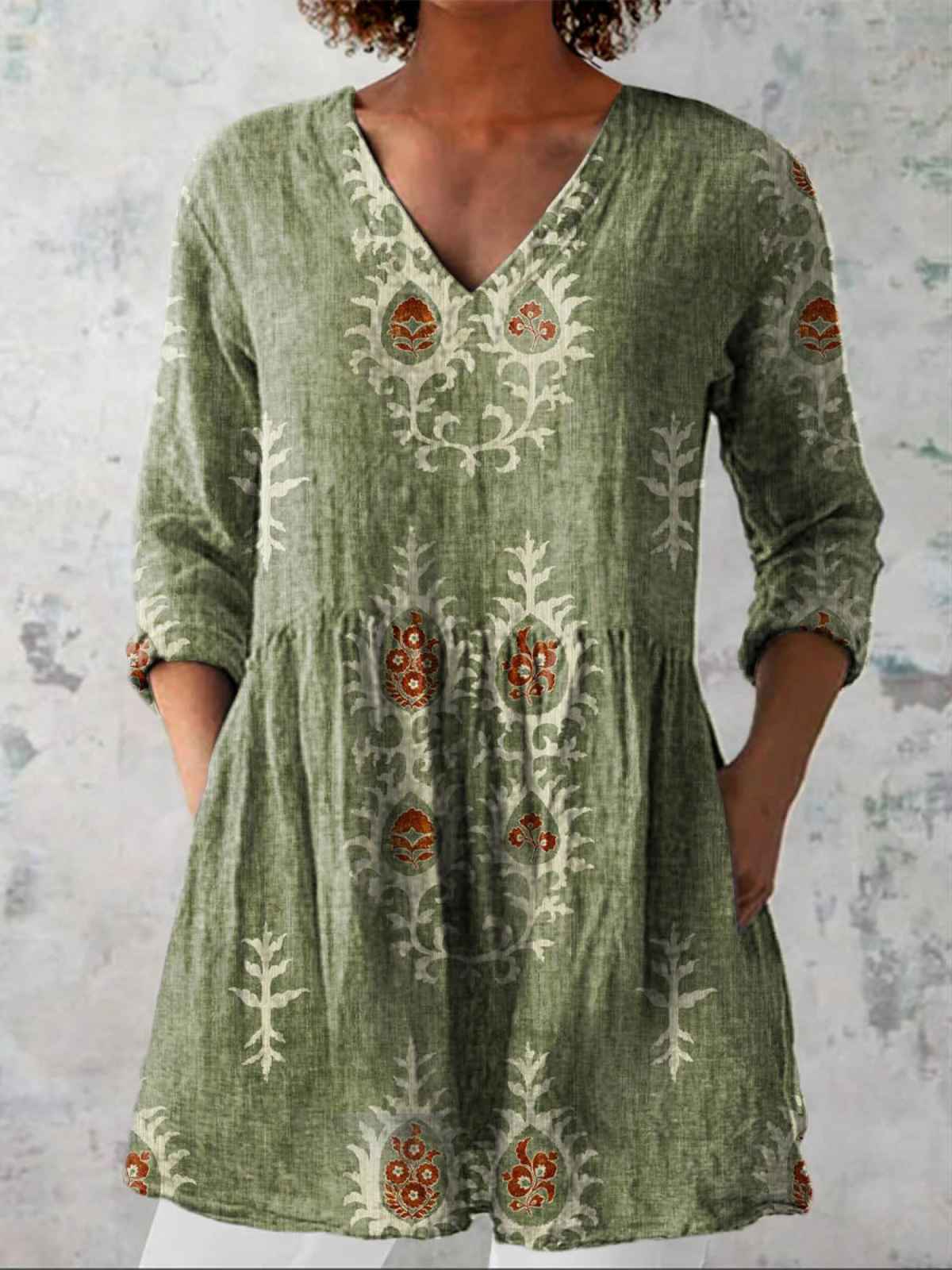 ELISE | Floral Print Long V-Neck Blouse