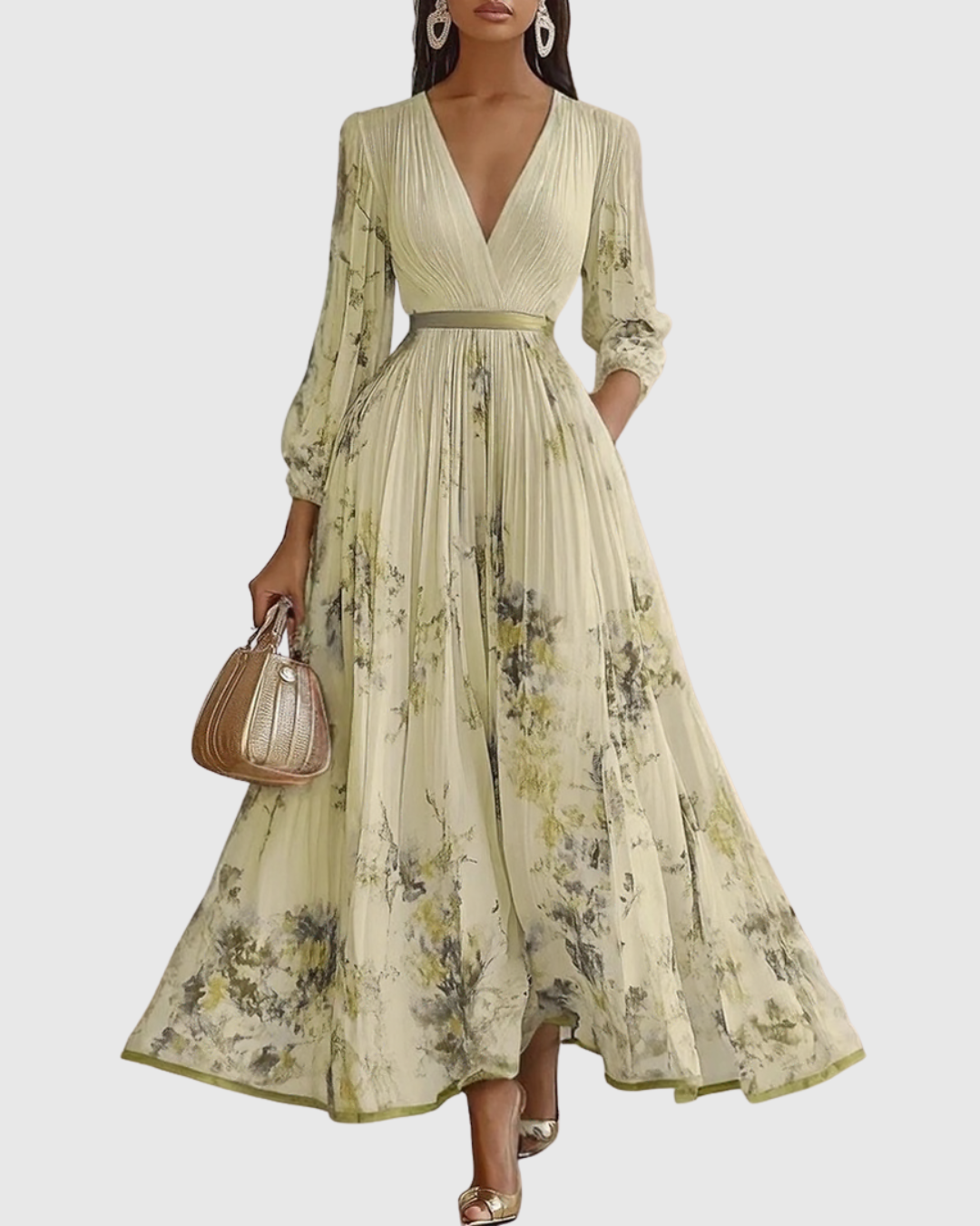 ROWELLA | Watercolour Floral Elegant Pleated Maxi Dress