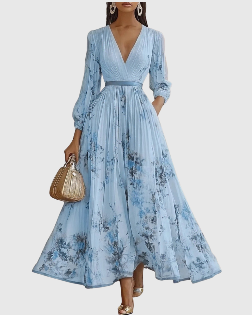 ROWELLA | Watercolour Floral Elegant Pleated Maxi Dress