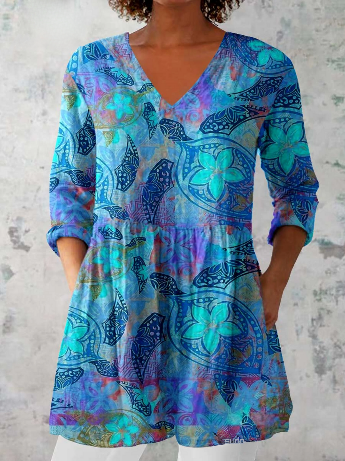 JULIETTE | Printed Blue Long V-Neck Blouse