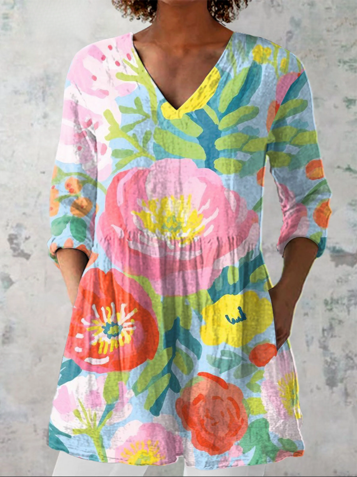 HELENE | Floral Print Pink Long V-Neck Blouse