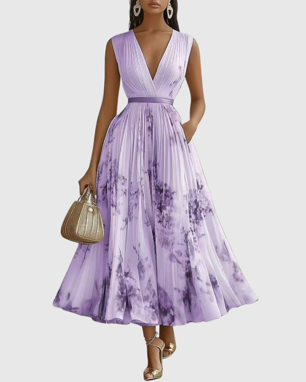 ROWELLA | Watercolour Floral Elegant Pleated Maxi Dress