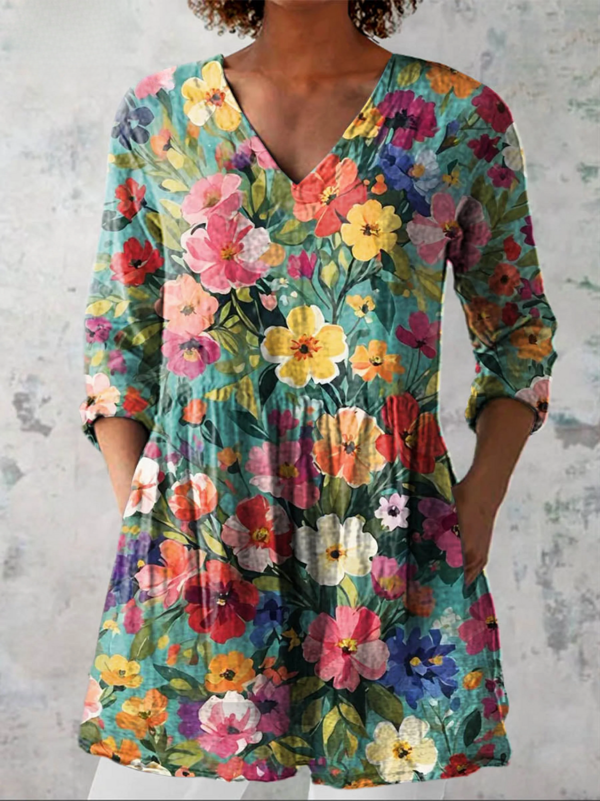 NORA | Watercolour Floral Teal Long V-Neck Blouse