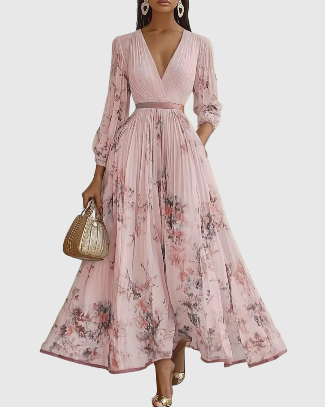 ROWELLA | Watercolour Floral Elegant Pleated Maxi Dress