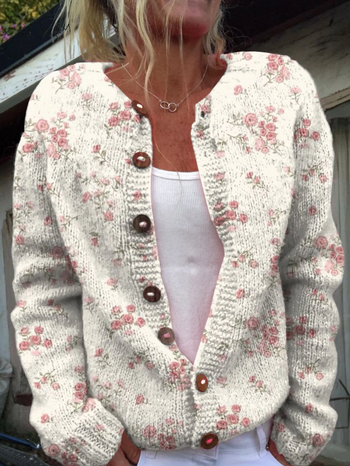 EVANTHEA | Rose Print Pink Knit Cardigan