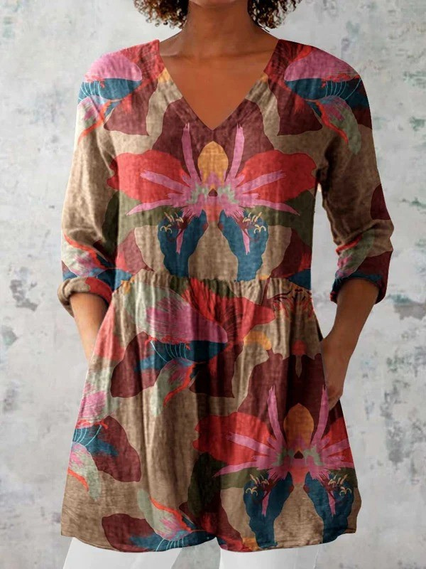 SARAH | Watercolour Floral Long V-Neck Blouse Floral Print