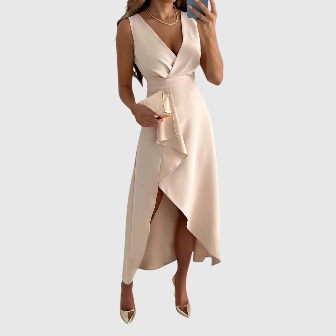 GRACE | Draped Beige Elegant Midi Dress