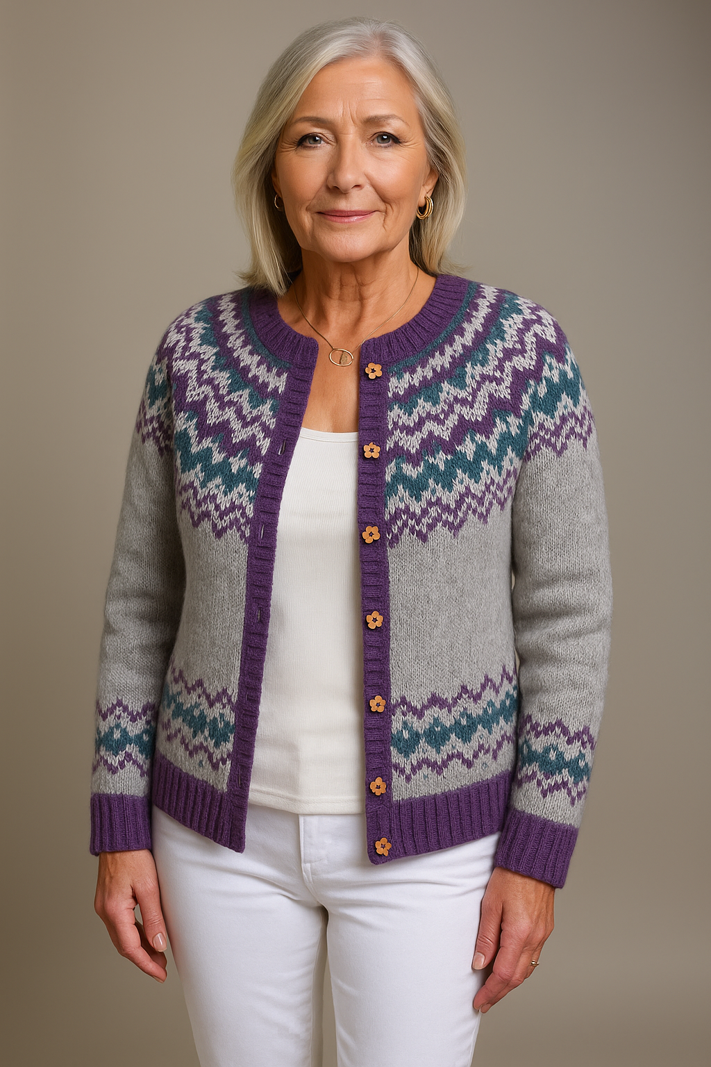 NAOMI | Floral Print Purple Nordic Knit Cardigan Ribbed