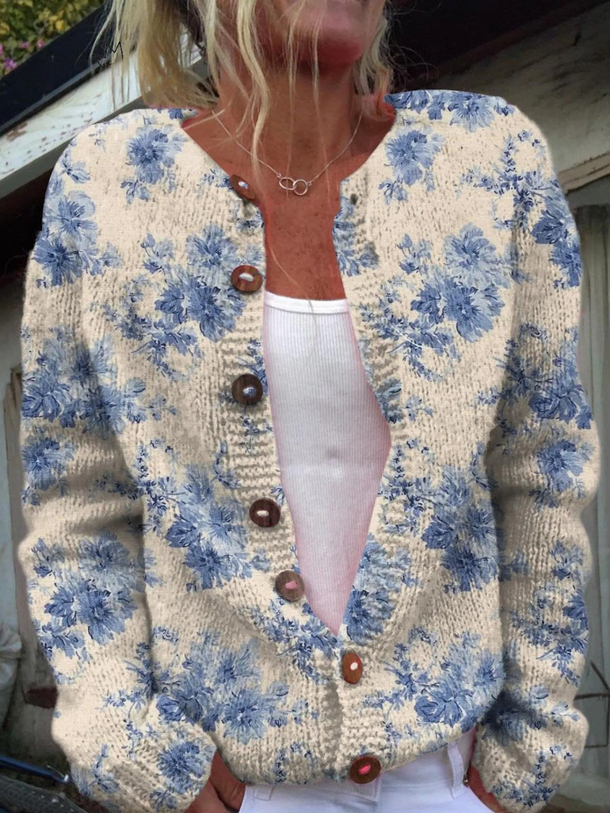 DAYSIE | Botanical Print Blue Knit Cardigan