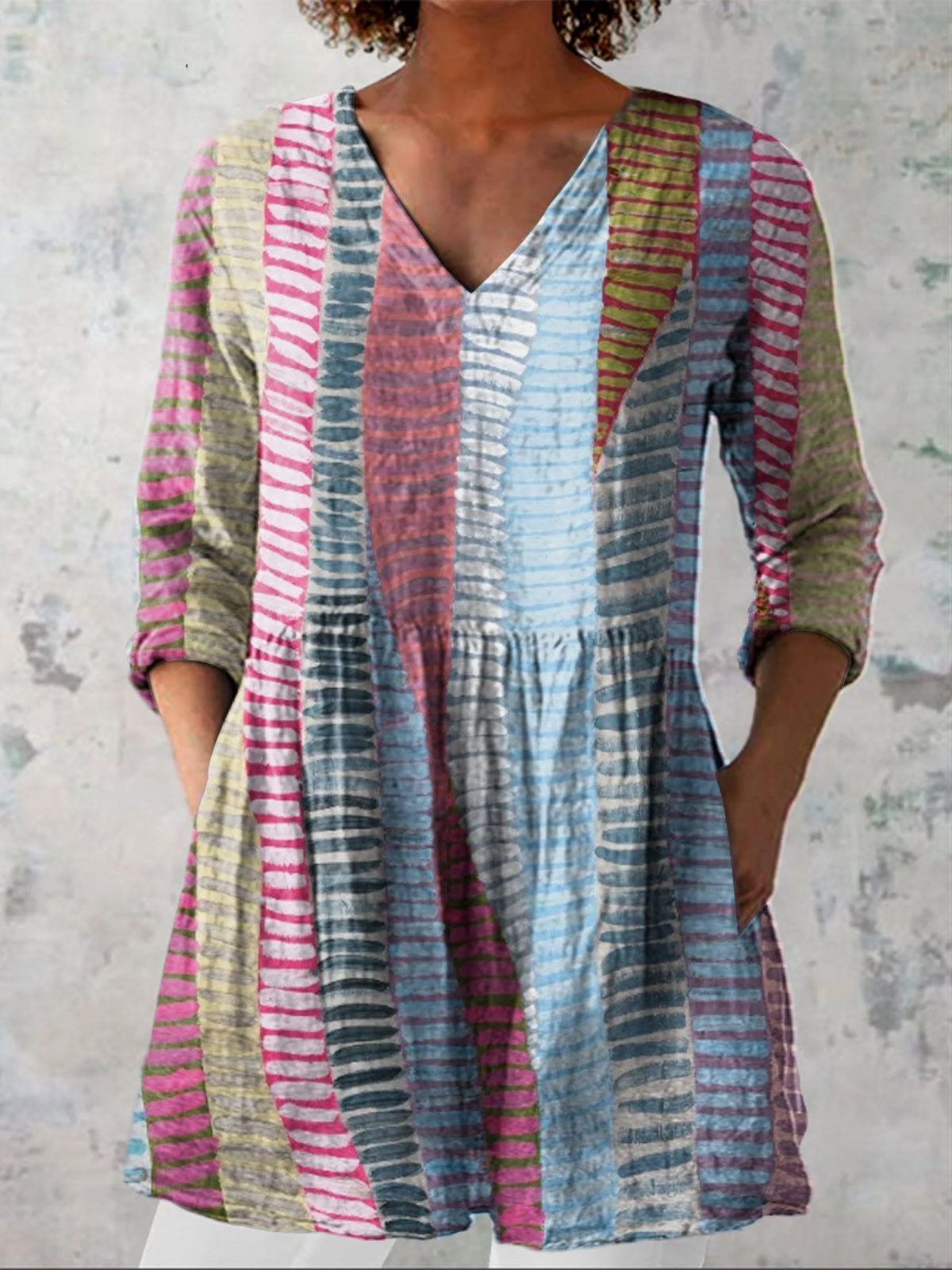 ANAIS | Striped Blue Long V-Neck Blouse Pink
