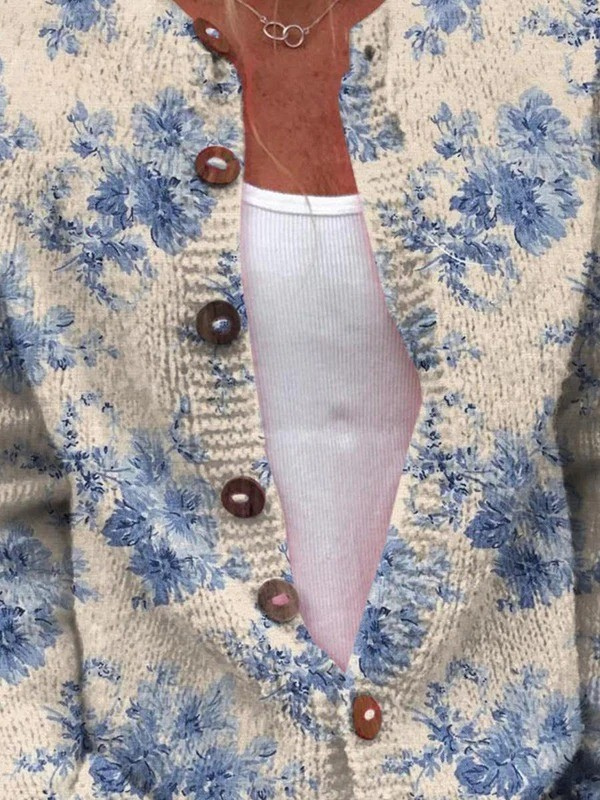 DAYSIE | Botanical Print Blue Knit Cardigan
