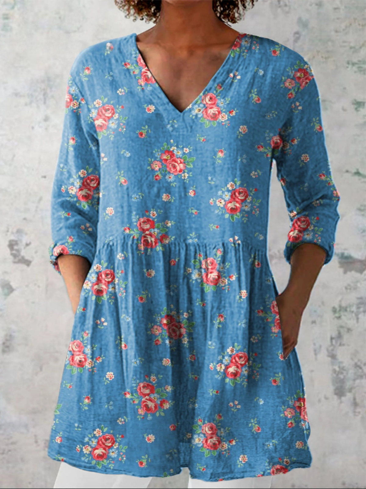 MELANIE | Rose Print Blue Long V-Neck Blouse