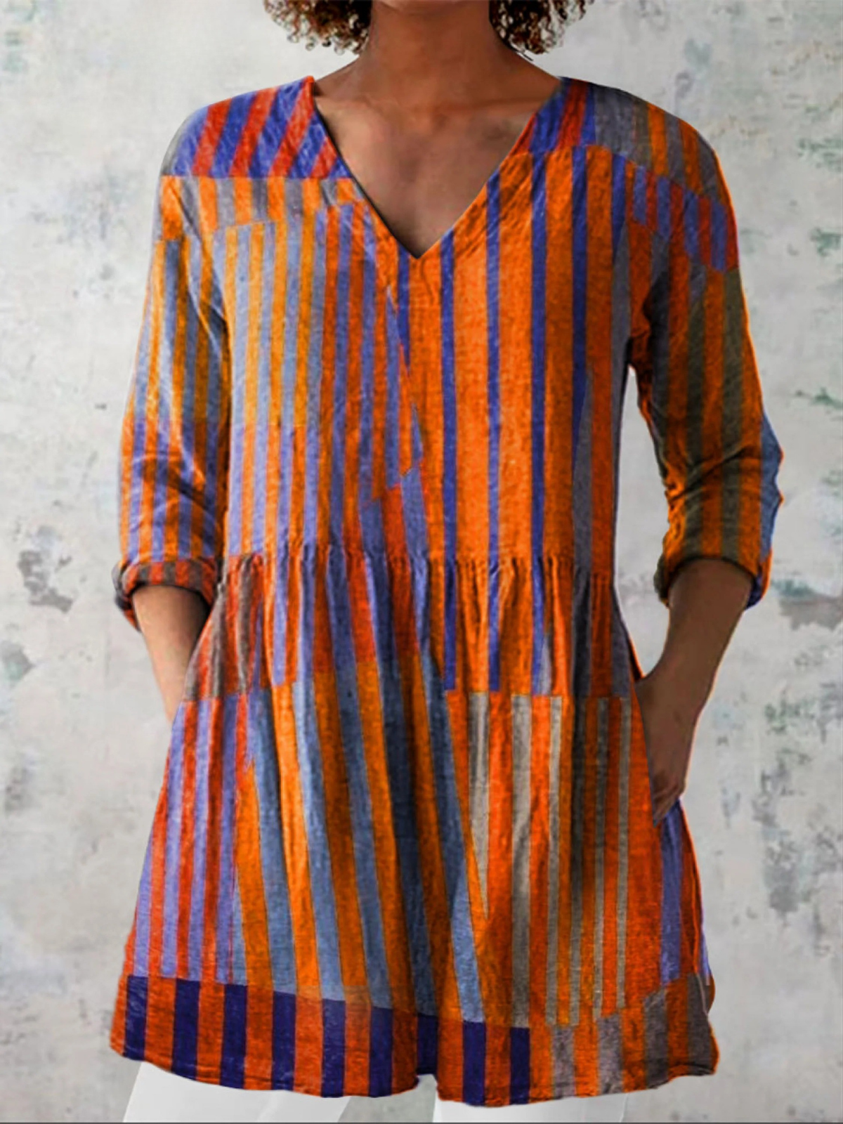 NADIA | Striped Blue Long V-Neck Blouse