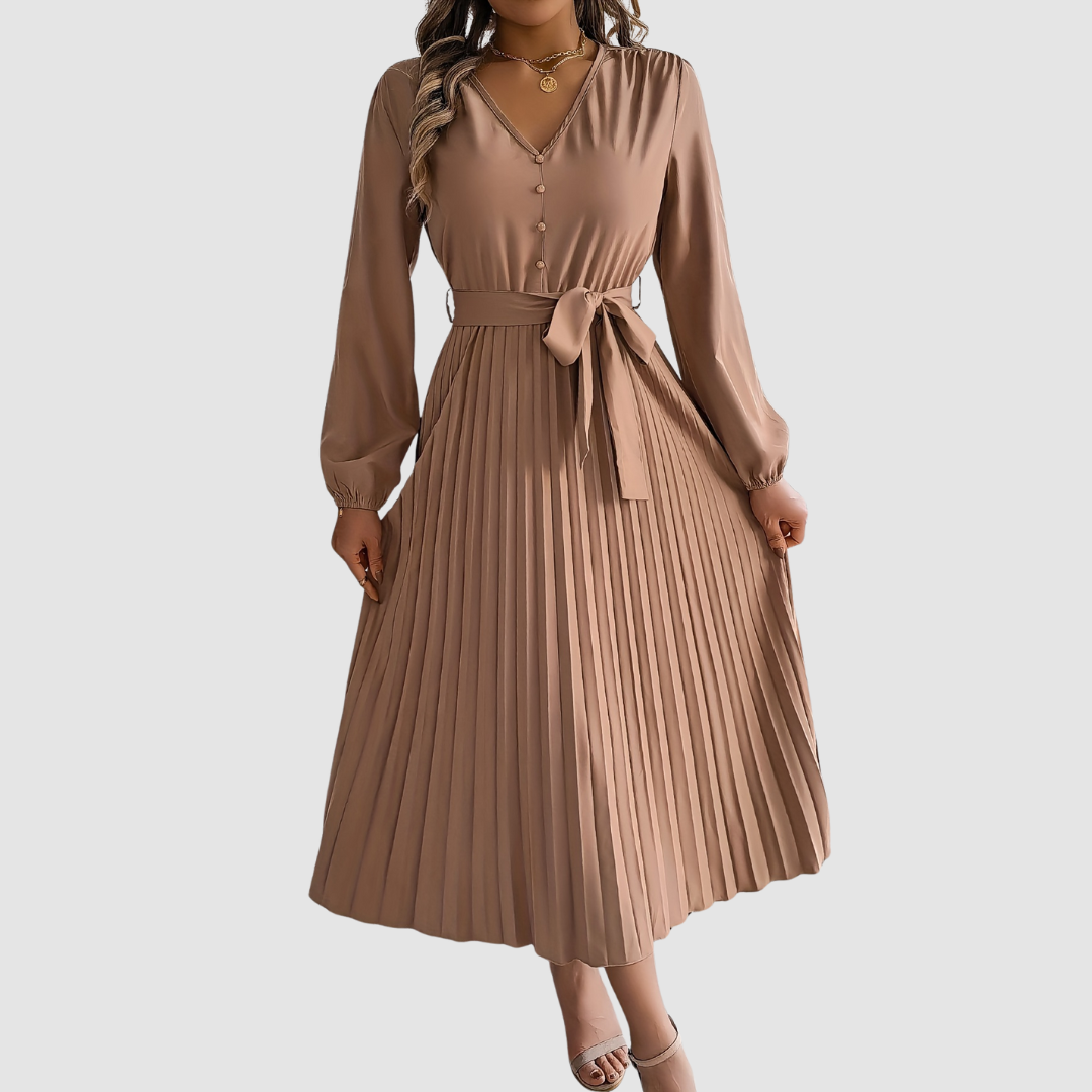 CELESTE | Pleated Long-Sleeve Midi Dress