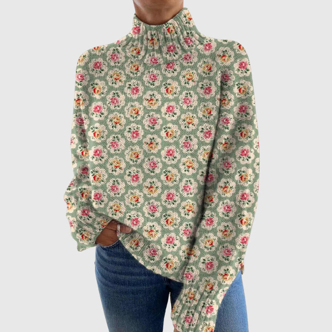 MARIELL | Floral Elegance Knit Turtleneck Pullover Sweater