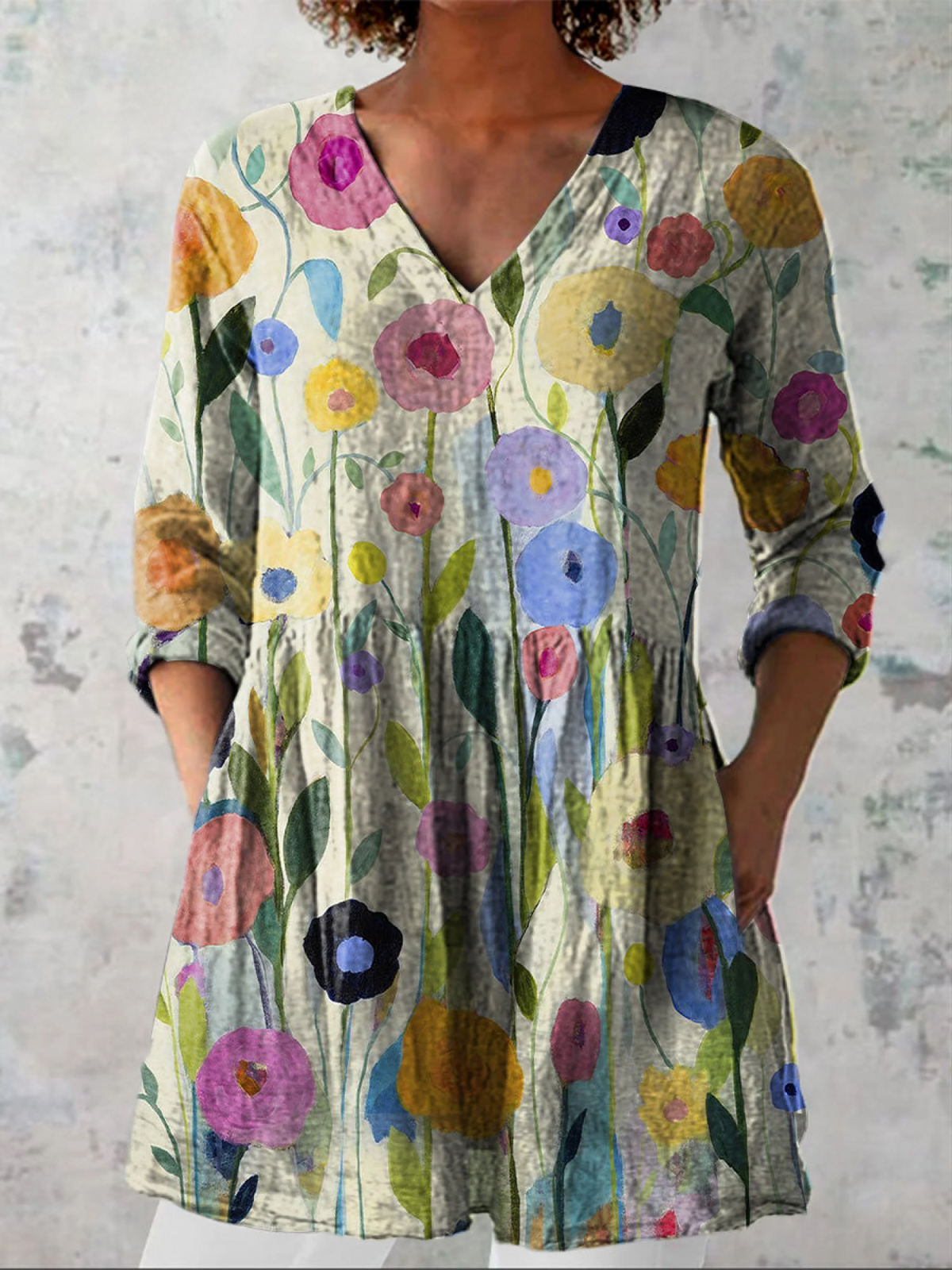LOUISE | Floral Print Long V-Neck Blouse Printed