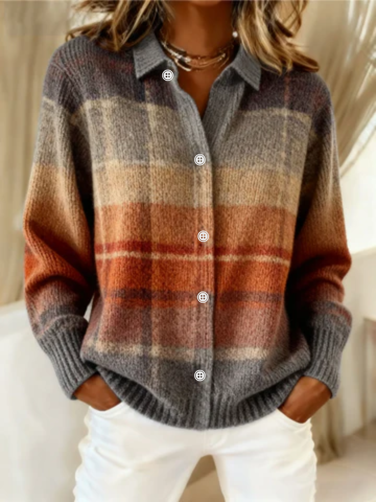 FLORIA | Checked Caramel Checked Blouse Made From Warm, Soft Hoodie Material
