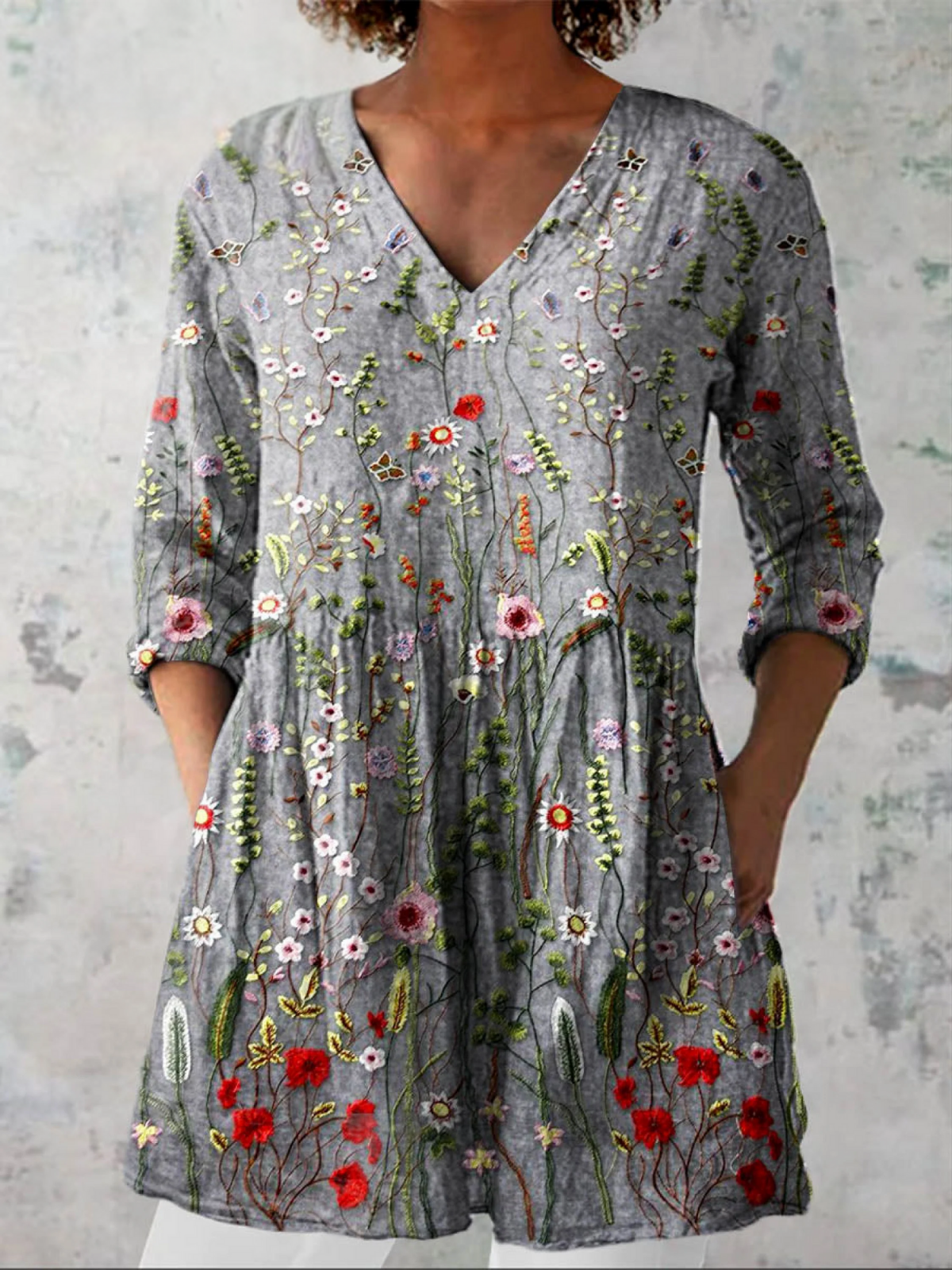 AMELIE | Floral Print Grey Long V-Neck Blouse