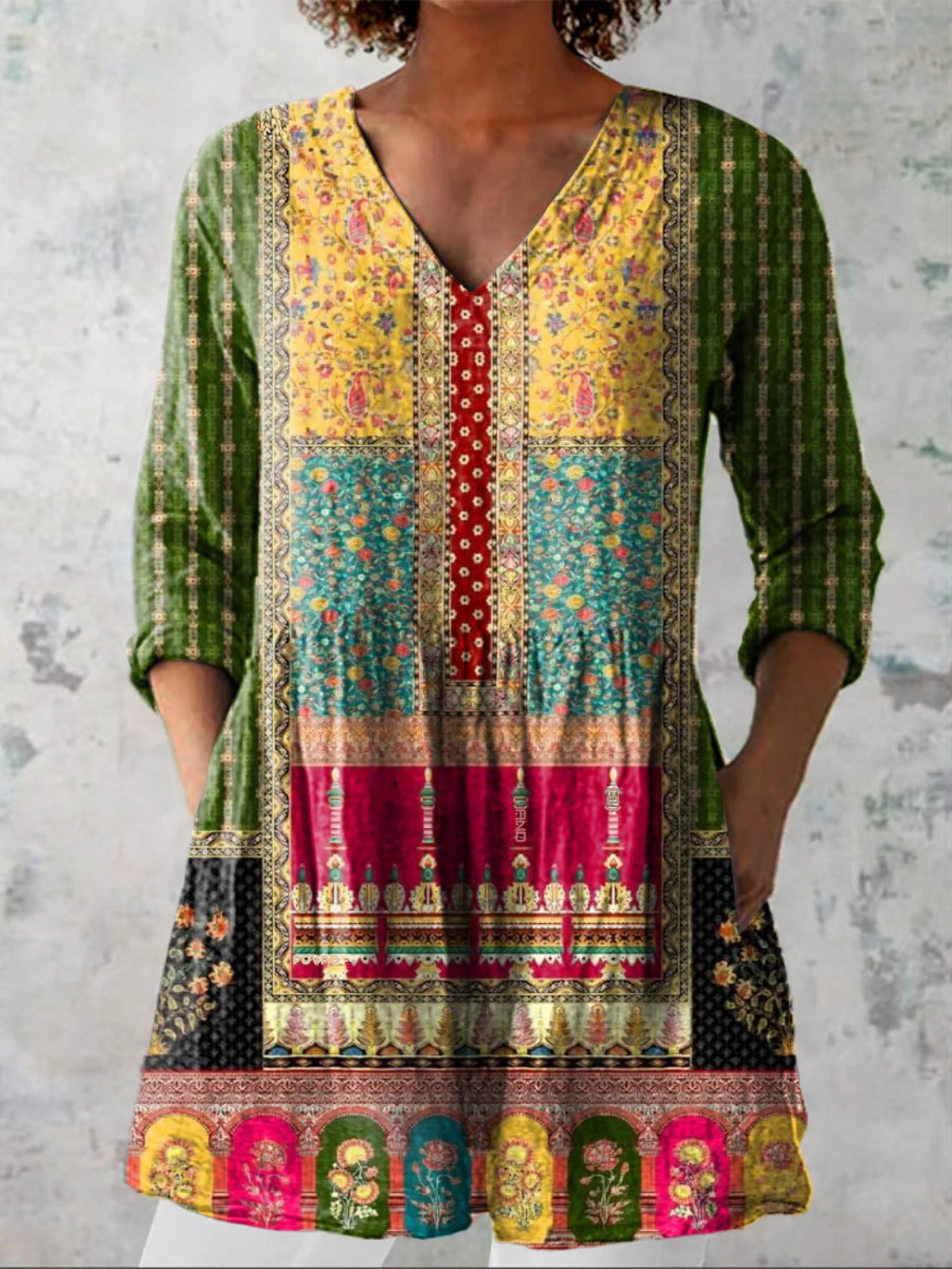 EMILIE | Floral Print Teal Long V-Neck Blouse