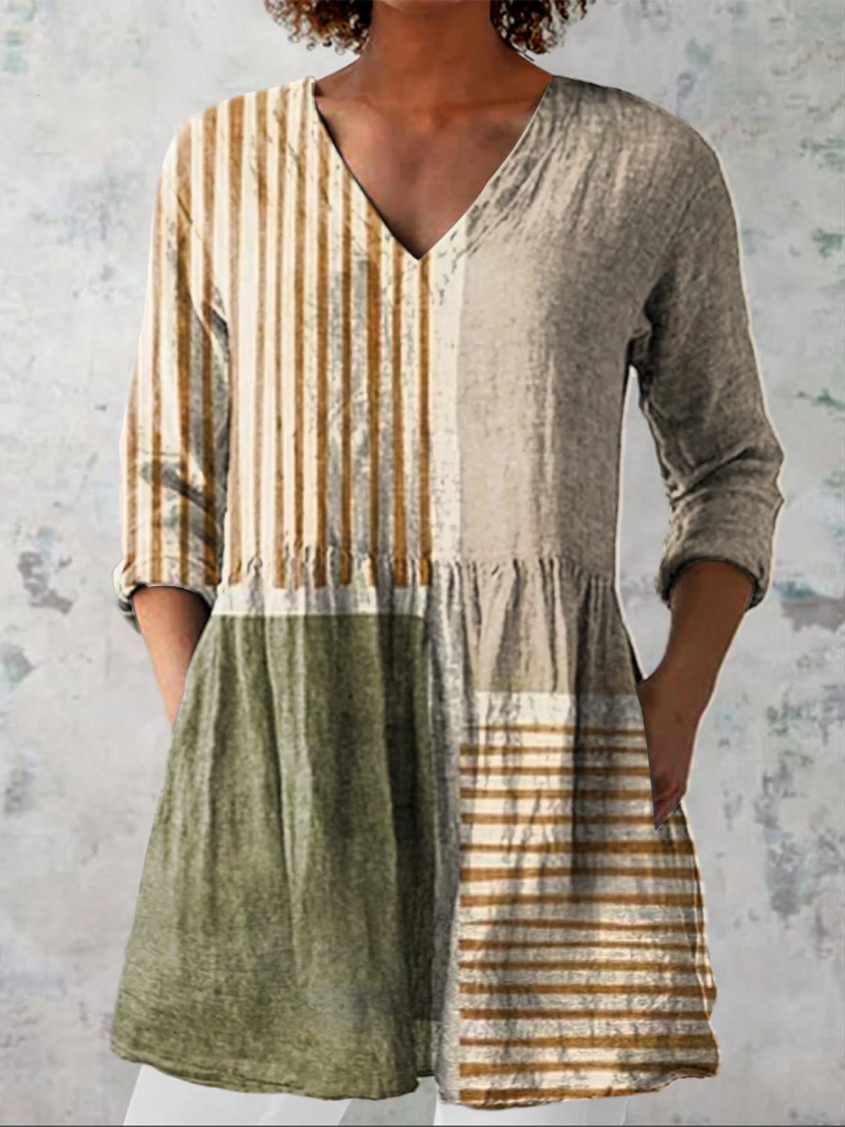 CAMILLE | Striped Olive Green Long V-Neck Blouse