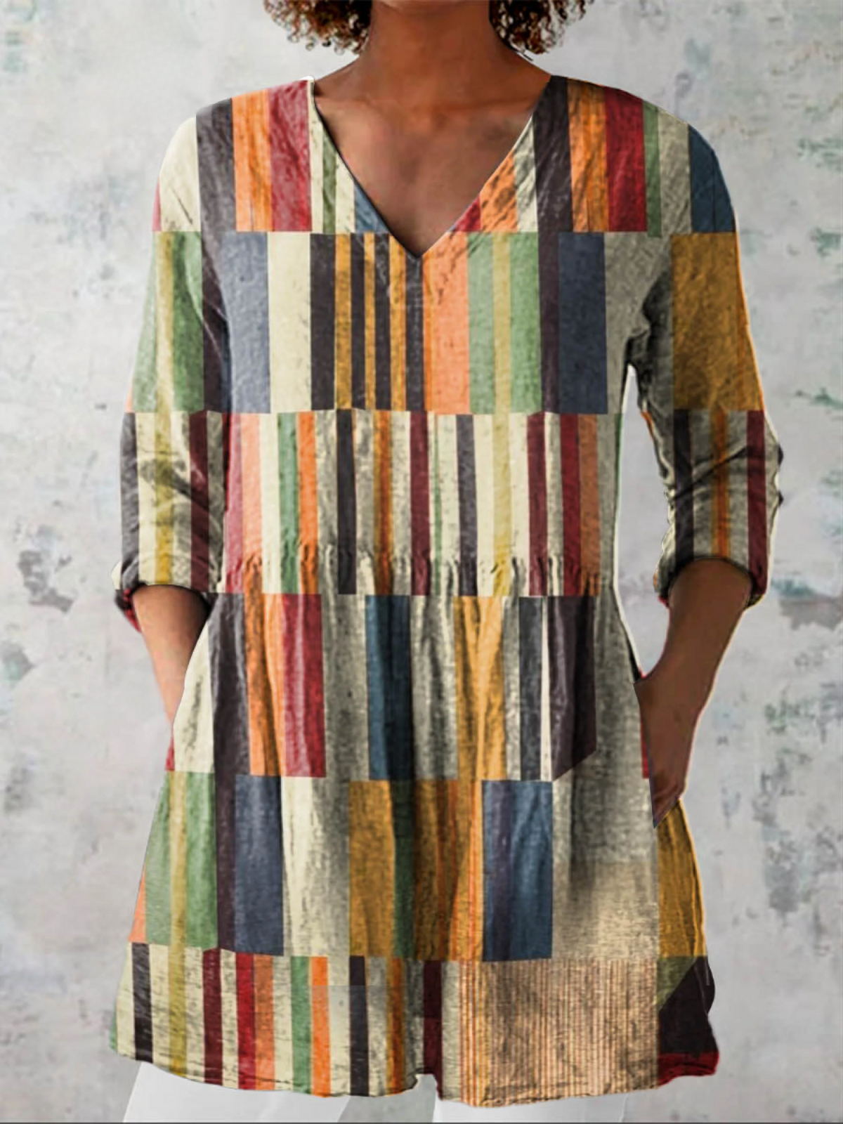 CHLOE | Striped Mustard Long V-Neck Blouse