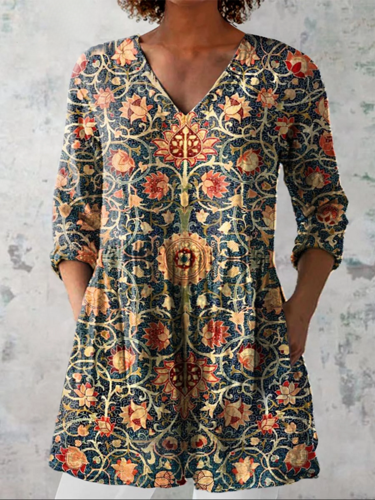 CELINE | Floral Print Navy Long V-Neck Blouse