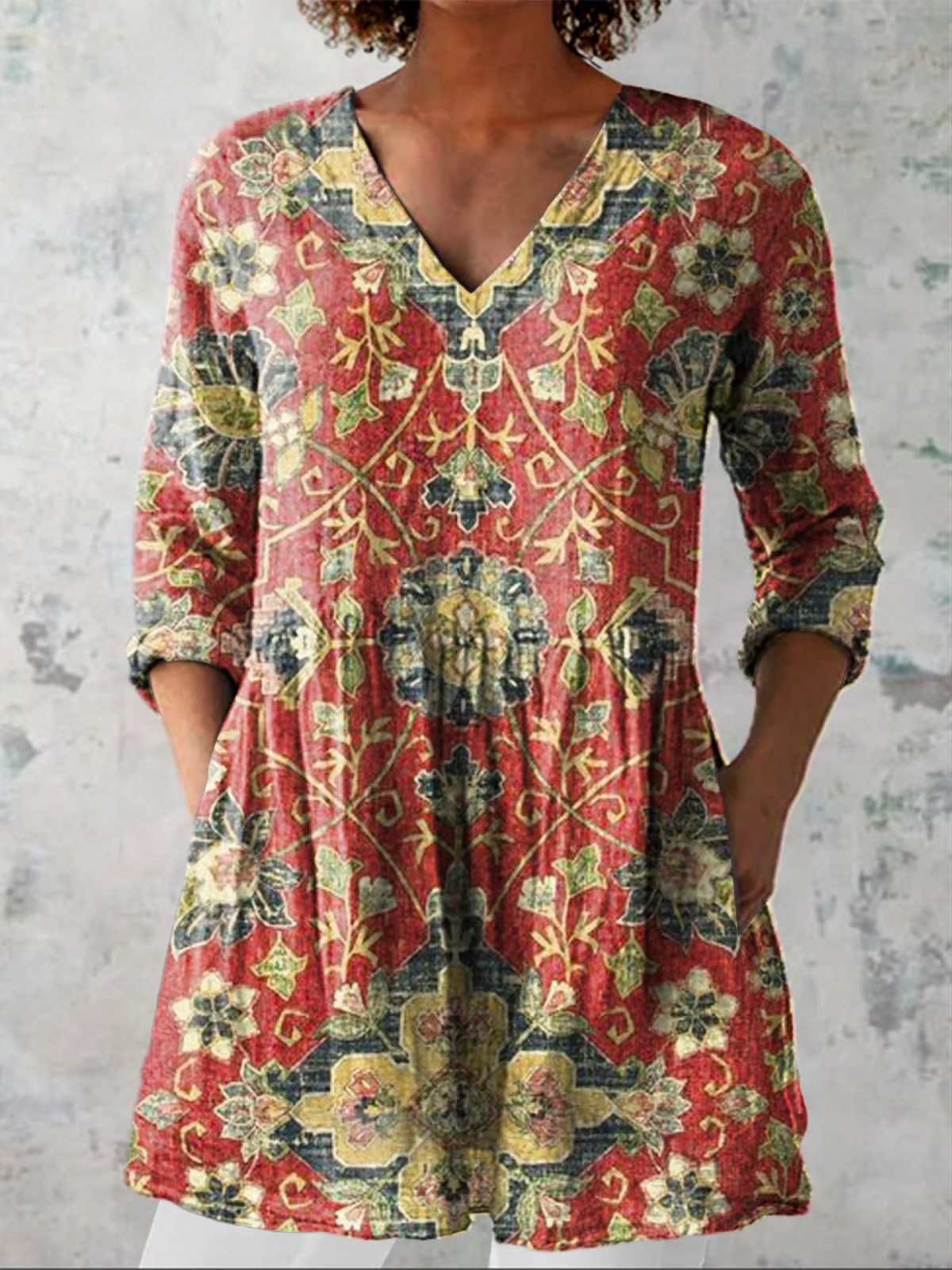 LEA | Draped Long V-Neck Blouse Printed