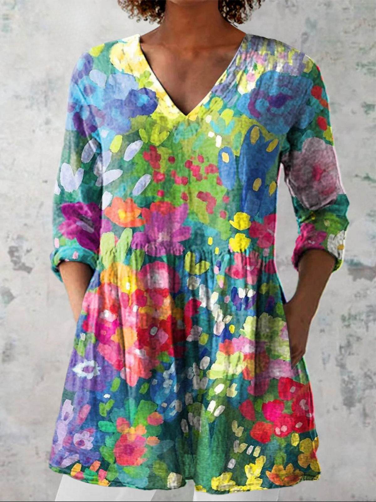 MAELLE | Floral Print Long V-Neck Blouse Relaxed