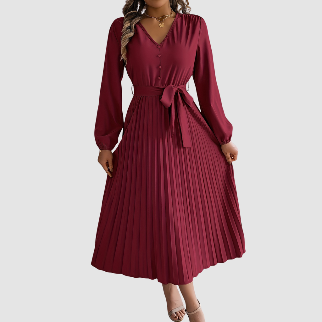 CELESTE | Pleated Long-Sleeve Midi Dress