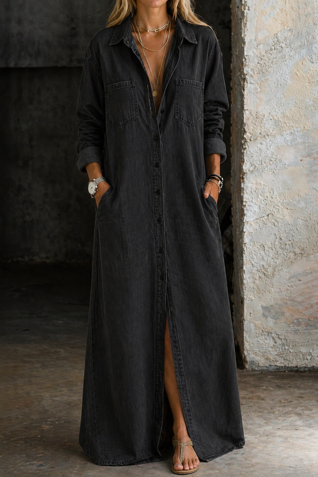 MERRYN | Denim Button-Down Maxi Shirt Dress