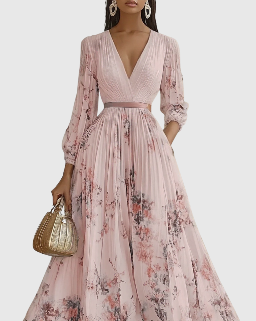 ROWELLA | Watercolour Floral Elegant Pleated Maxi Dress