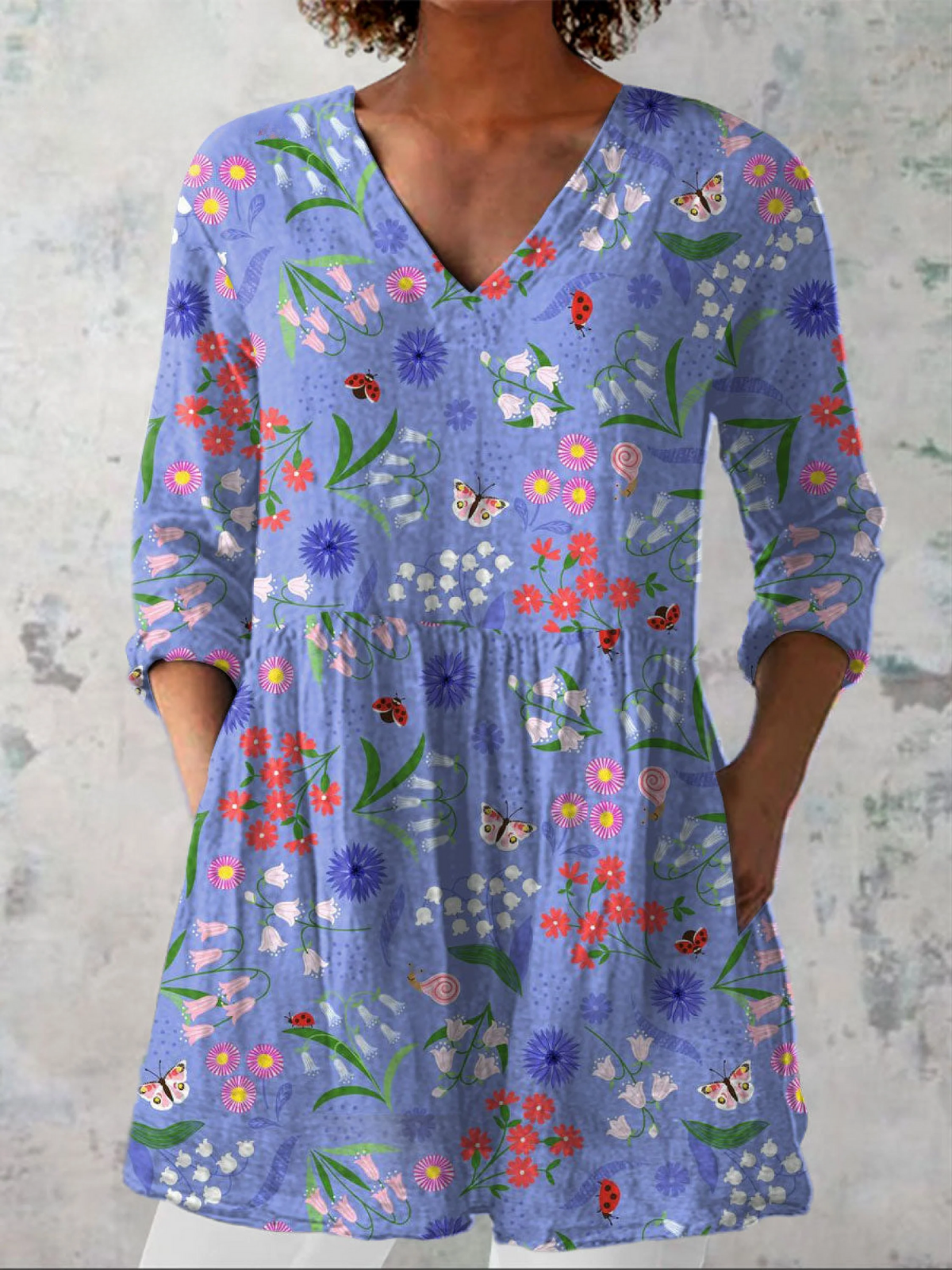 ALINE | Daisy Print Purple Long V-Neck Blouse