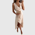 GRACE | Draped Beige Elegant Midi Dress