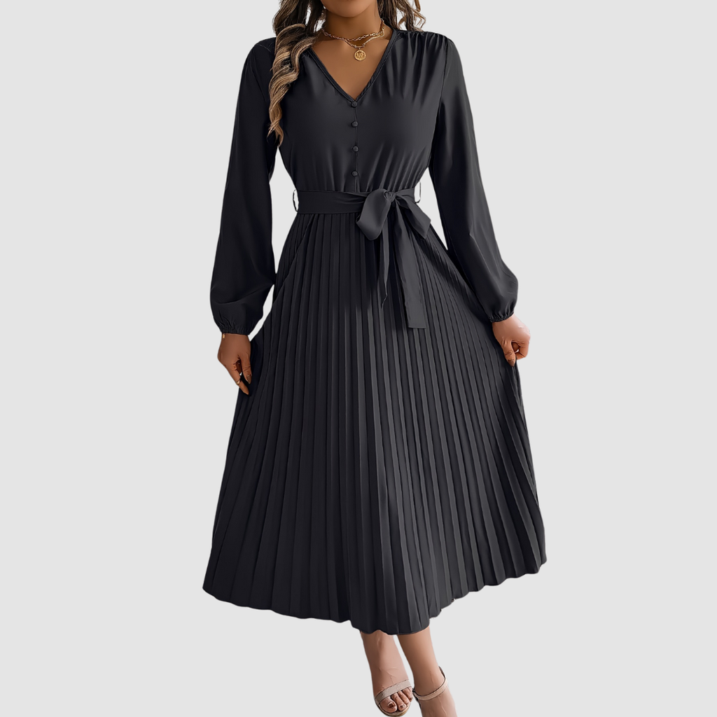 CELESTE | Pleated Long-Sleeve Midi Dress