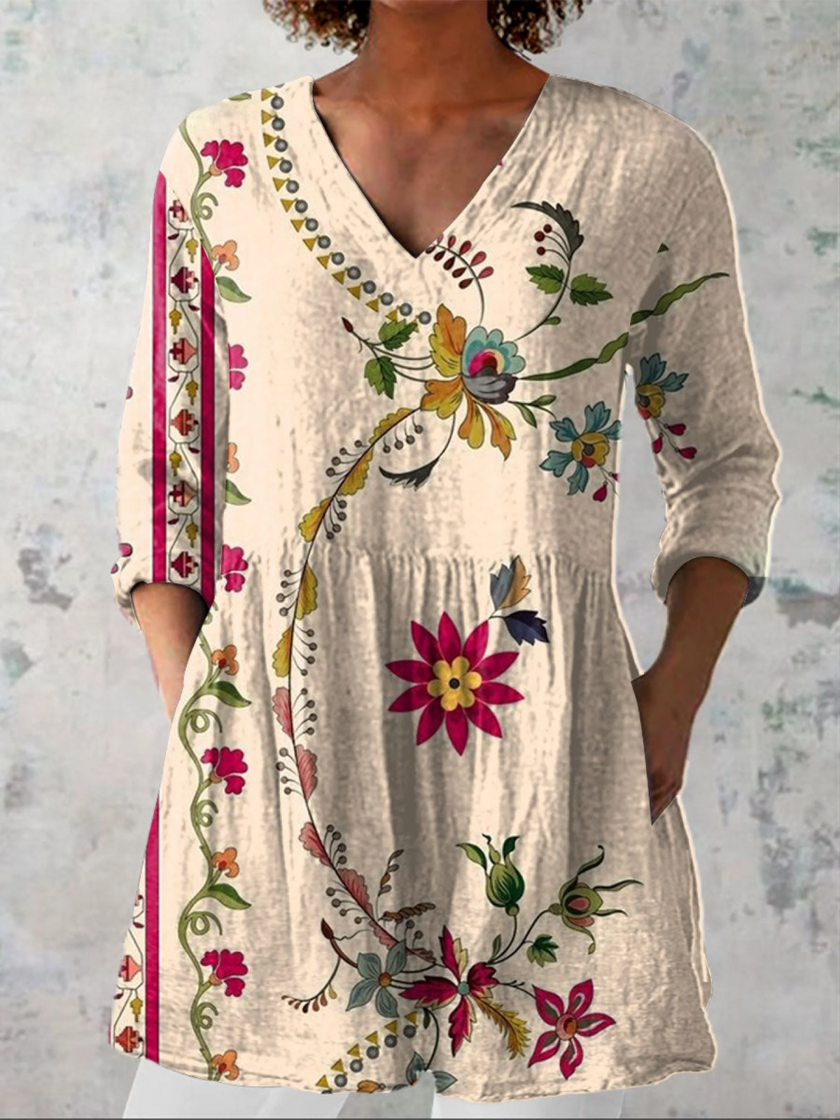 CLARA | Floral Print Cream Long V-Neck Blouse