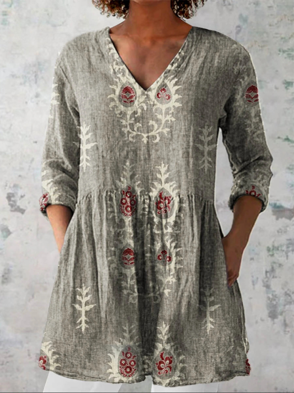 ELISE | Floral Print Long V-Neck Blouse