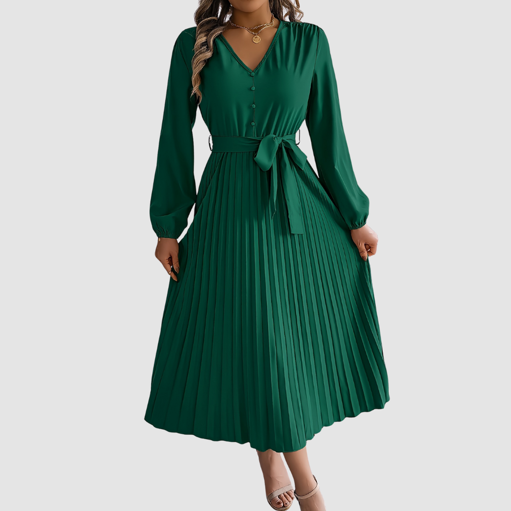 CELESTE | Pleated Long-Sleeve Midi Dress
