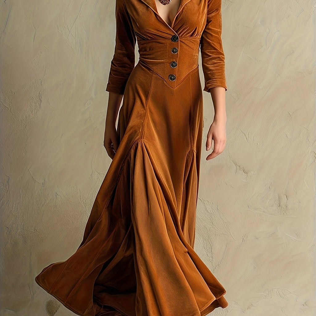ELOWENNA | Elegant Button-Front Collar Dress With 7/8 Sleeve