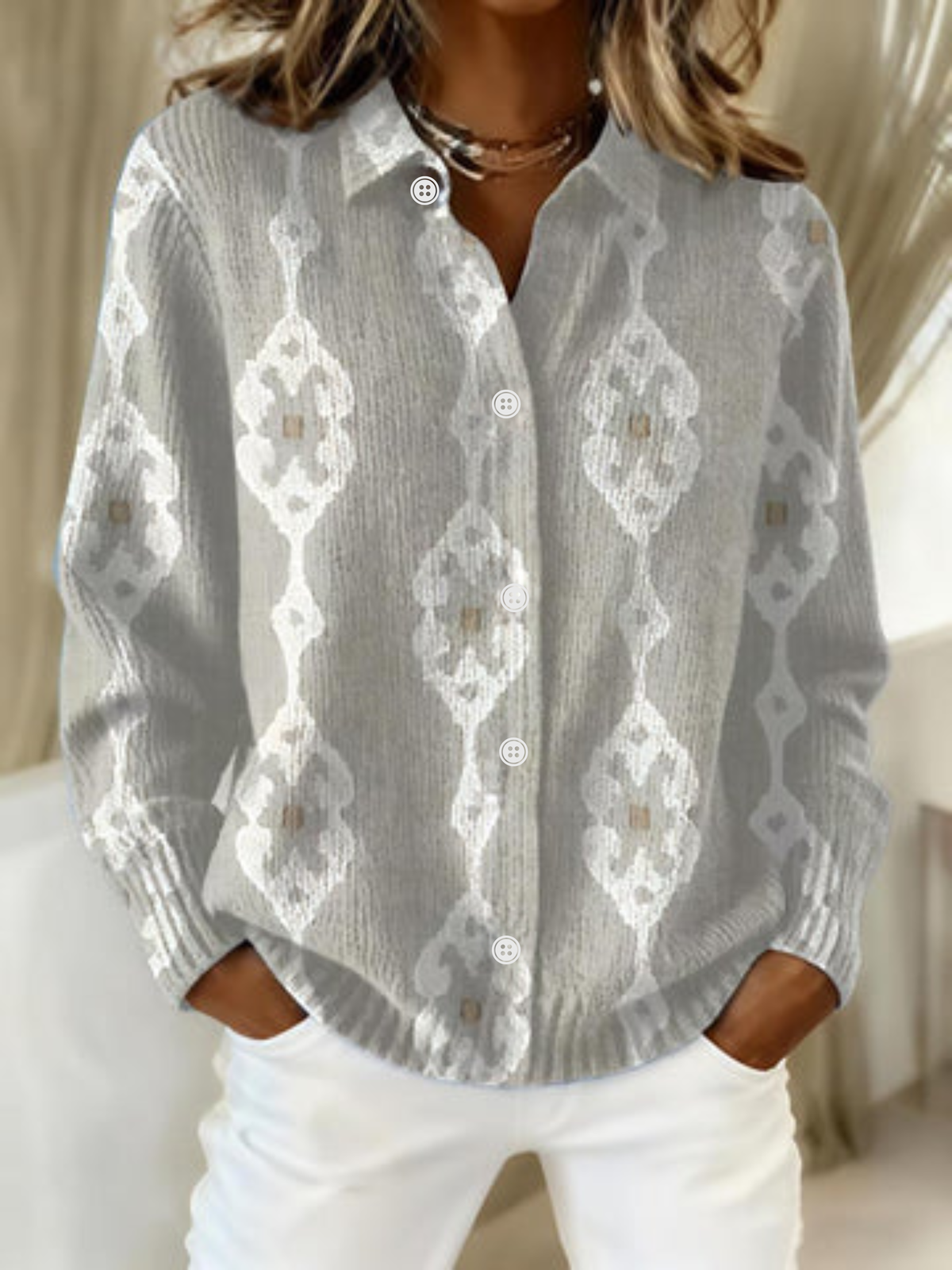 RENAE | Elegant Knit Hoodie Blouse With Diamond Pattern