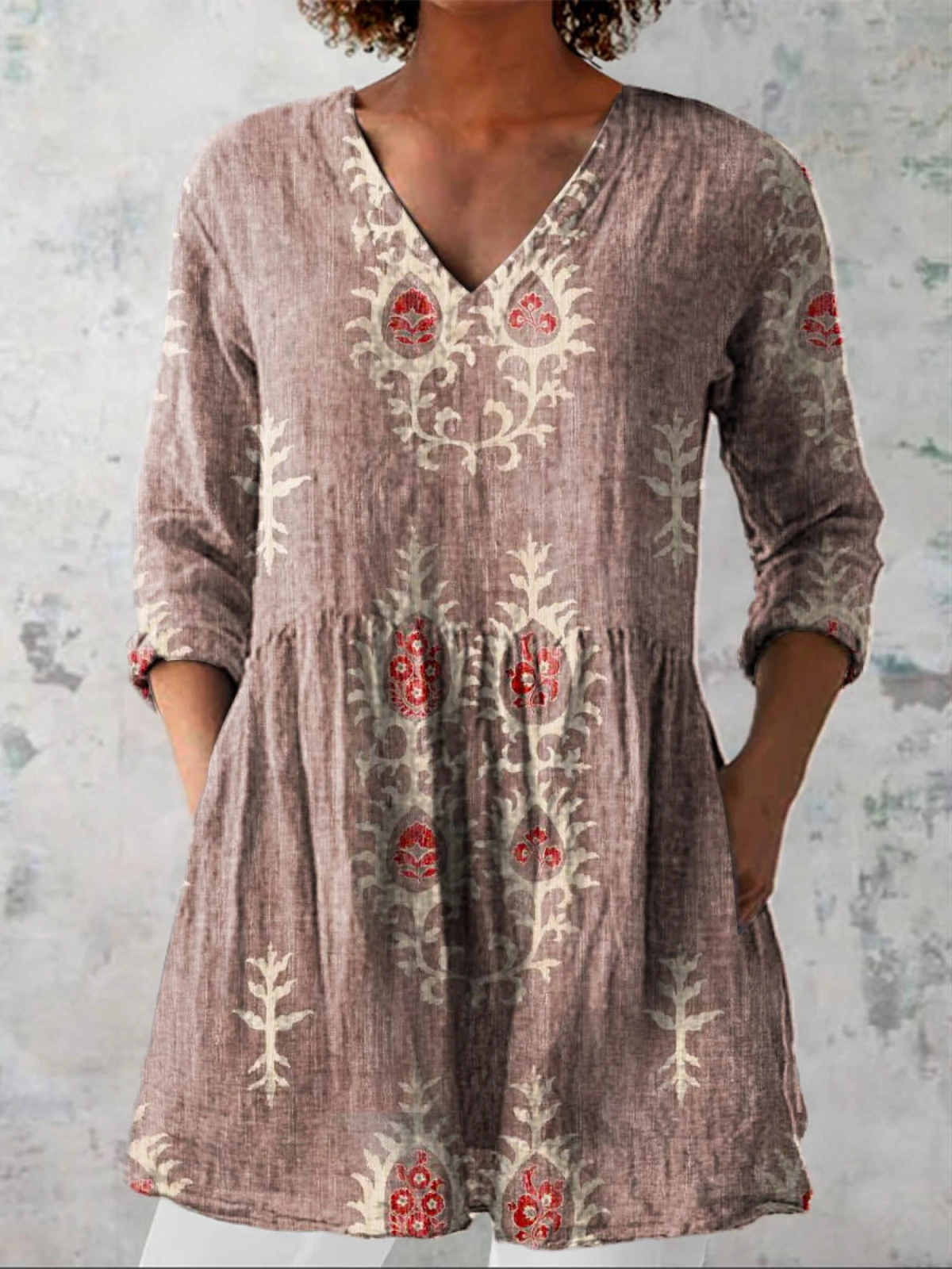 ELISE | Floral Print Long V-Neck Blouse