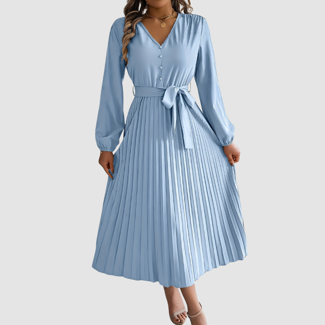 CELESTE | Pleated Long-Sleeve Midi Dress