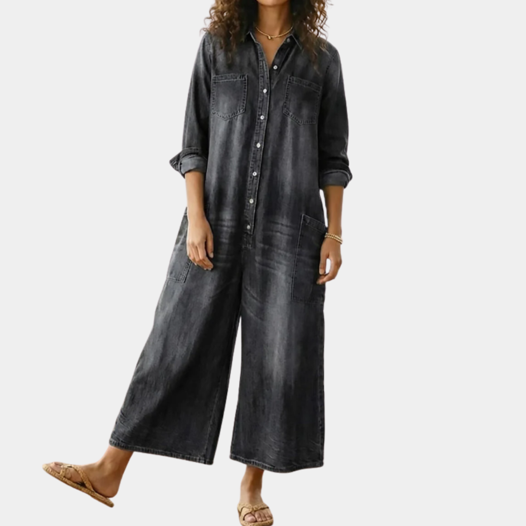 Vintage Washed Soft Denim Jumpsuit With Button Closure