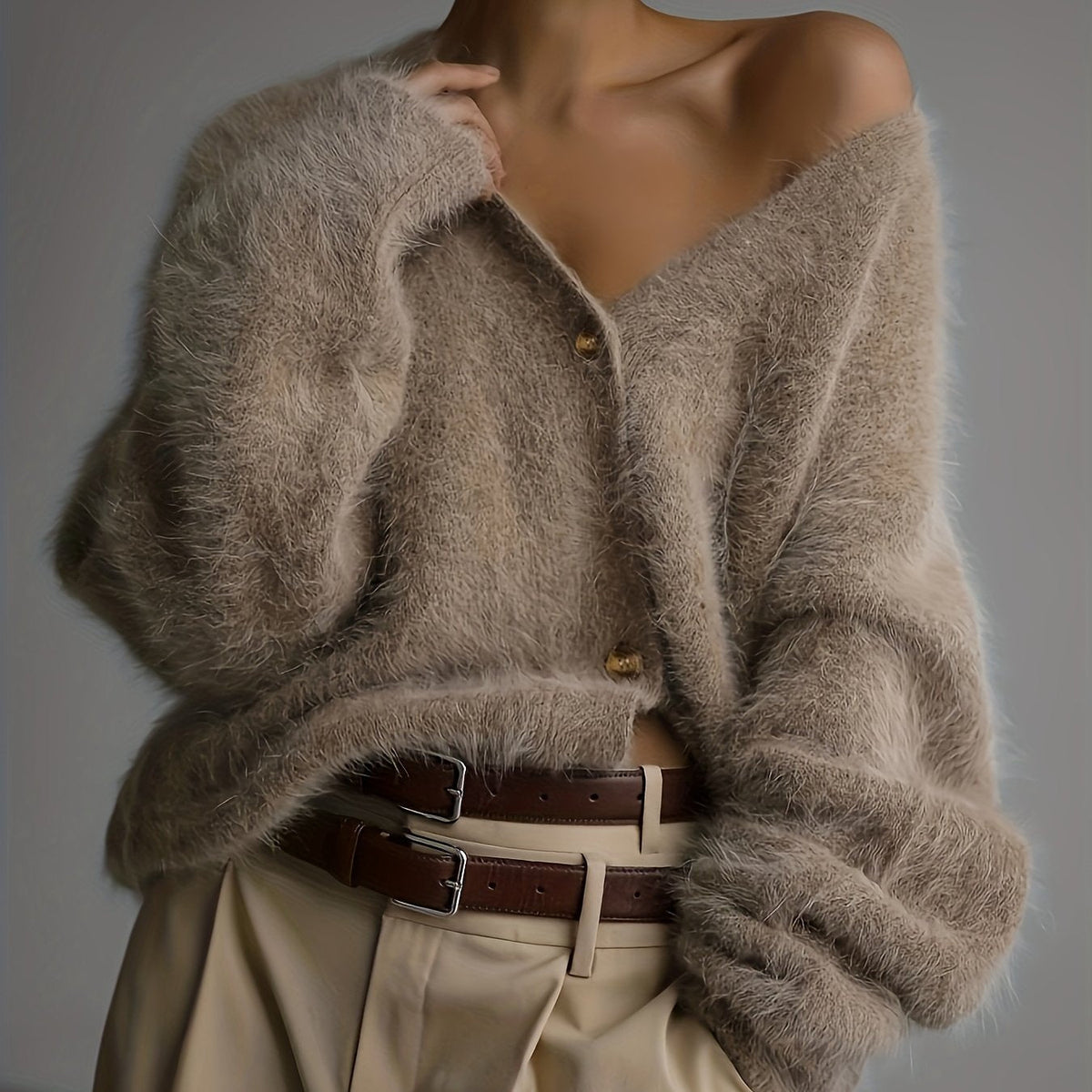 SERIAVI | V-Neck Light Gray Cardigan