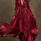SERAFINA | Retro Oversized Skirt Long Dress With Deep V-Neck