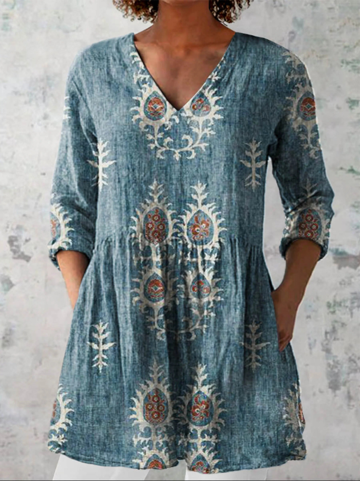 ELISE | Floral Print Long V-Neck Blouse