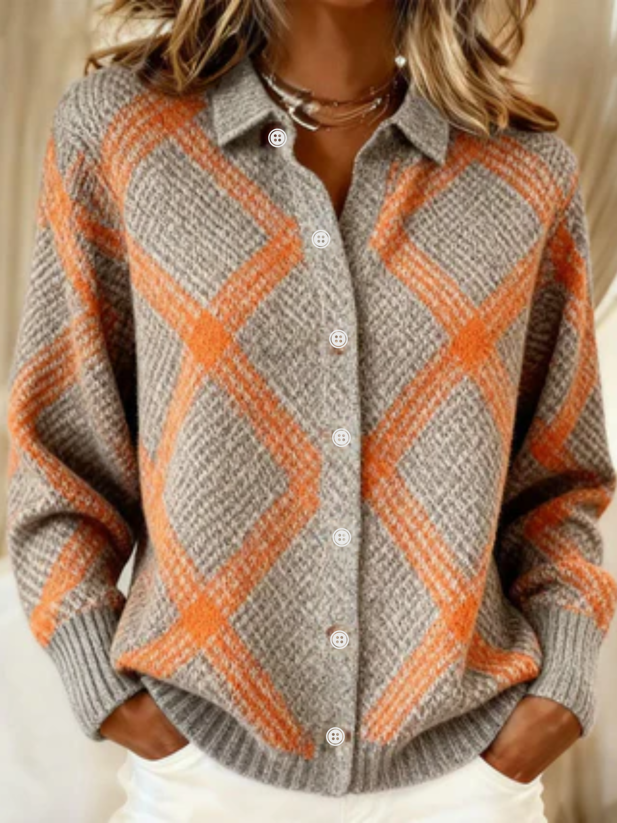 CHRISTELLE | Checked Orange Checked Blouse Made From Warm, Soft Hoodie Material