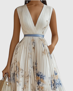 ROWELLA | Watercolour Floral Elegant Pleated Maxi Dress