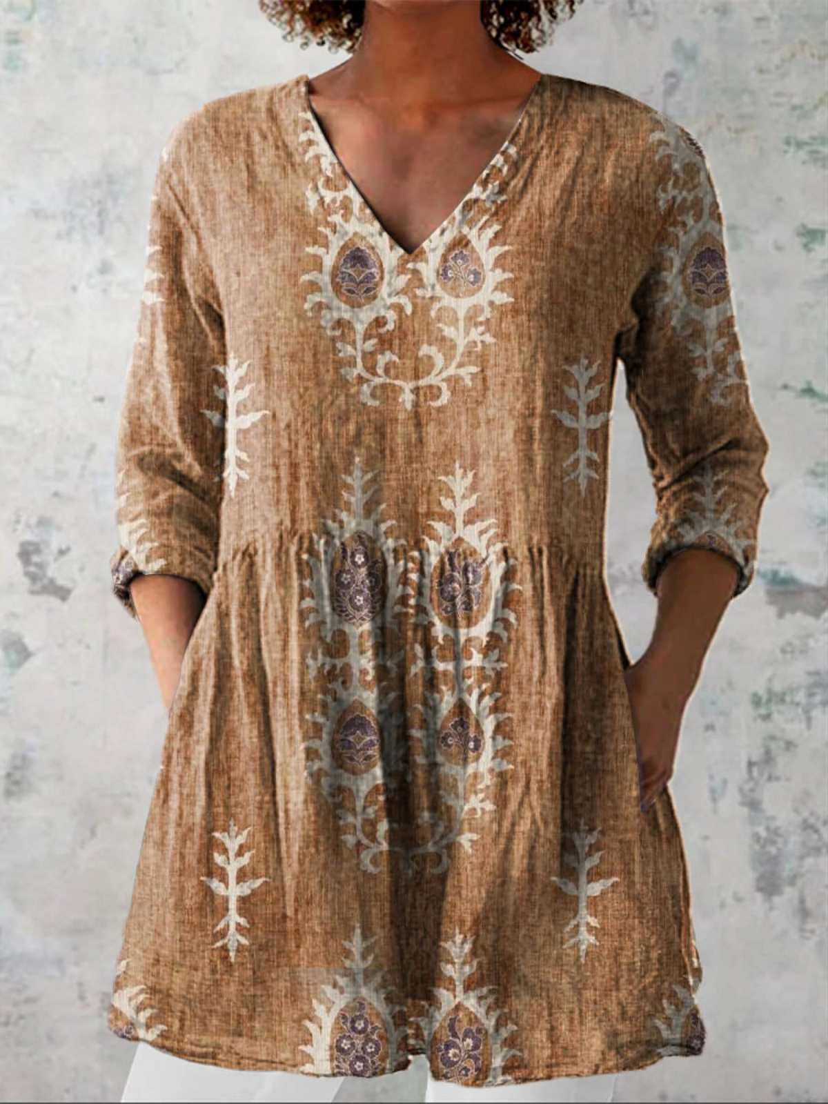 ELISE | Floral Print Long V-Neck Blouse