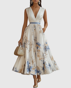 ROWELLA | Watercolour Floral Elegant Pleated Maxi Dress