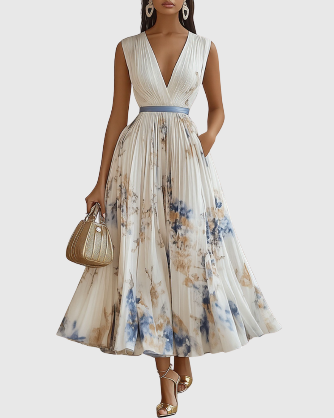 ROWELLA | Watercolour Floral Elegant Pleated Maxi Dress